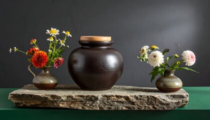 Still life with ceramic jar, stone slab, and small flower vases on dark wall