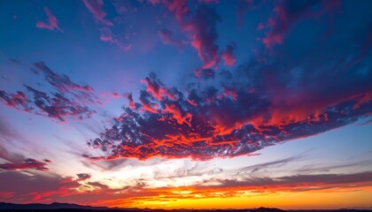 Vivid sunset sky ablaze with streaks of orange and red clouds, blue above