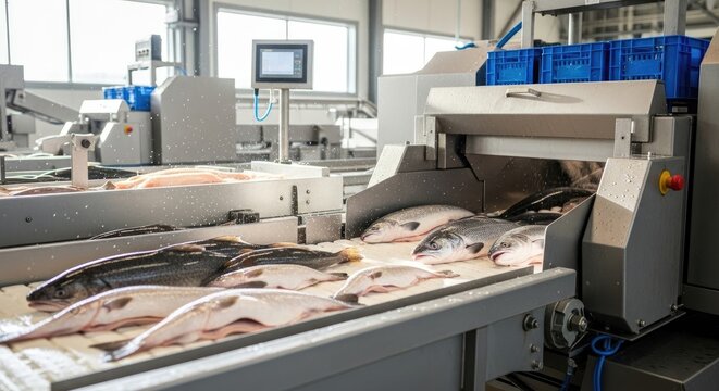Fish processing plant with fish on conveyor belts and machinery.