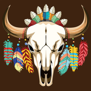 Buffalo Skull Native American Emblem with colorful feathers Vector illustration 

