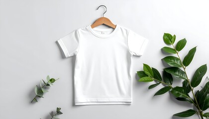 White child's t-shirt on hanger with greenery against white background