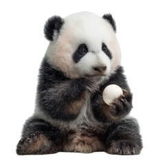 Obraz premium PNG of Cute baby panda holding an egg, showcasing its playful nature and adorable features.