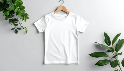 White t-shirt on hanger with green leafy plants, minimalist design