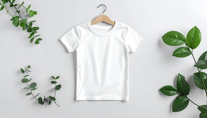 White t-shirt on hanger, framed by green leaves on bright background