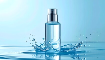 Clear bottle in water, splash frozen in time, calming blue background
