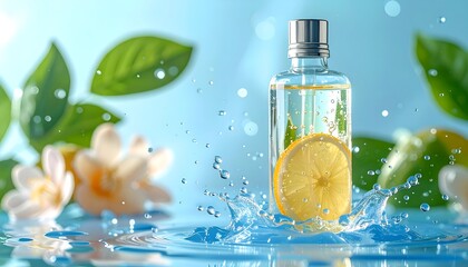 Clear bottle with lemon slice, water splash, blooms, leaves on blue backdrop