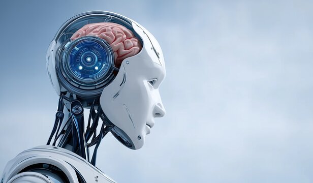 A robot head with the brain showing, a concept for AI technology and artificial intelligence on a blue background, showcasing futuristic innovation