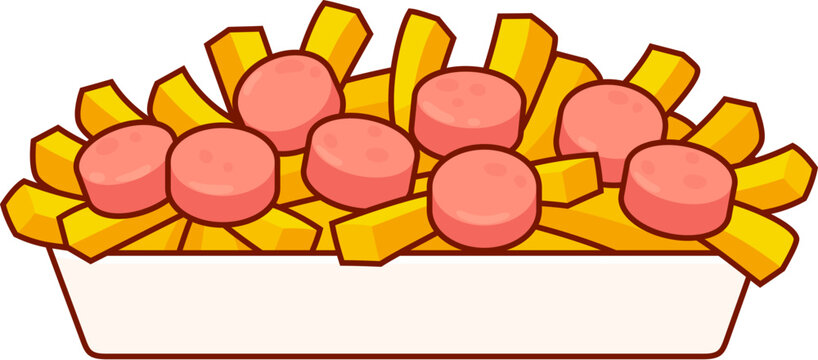 Salchipapas, traditional South American fast food in takeout box. Potato french fries with sliced sausages. Isolated vector clipart illustration