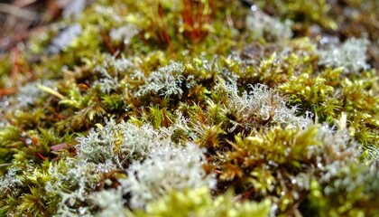 Macro photography of organic moss structure with white fibers and natural textures