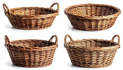 Fototapeta premium Four woven baskets are isolated, showing texture and depth, arranged symmetrically