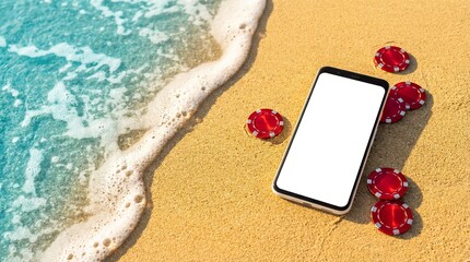 Smartphone and gaming chips on a sandy beach with azure water, sports betting, free bets, casino