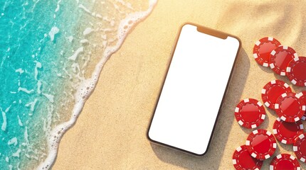 Smartphone and gaming chips on a sandy beach with azure water, sports betting, free bets, casino
