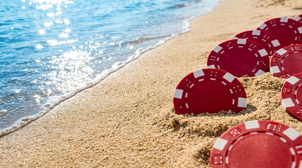 Gambling chips on a sandy beach with azure water, sports betting, free bets, casino