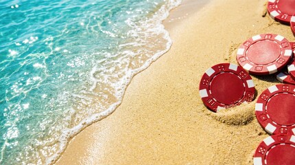 Gambling chips on a sandy beach with azure water, sports betting, free bets, casino