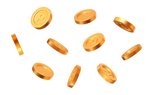 3d set flying golden point coins with different angles. Stock vector illustration on isolated background.	