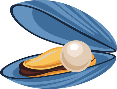 Open Mussel Shell with Pearl Isolated on White Background Flat Vector Illustration