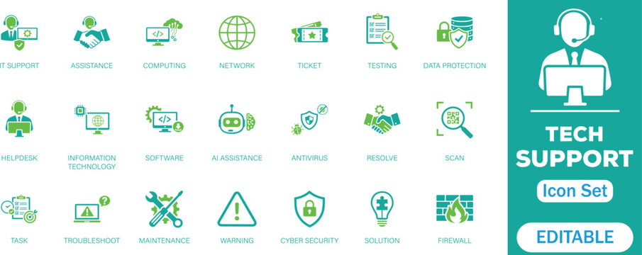 Tech support icon set. Featuring IT support, software, assistance, troubleshooting, cyber security, network, tickets, maintenance, help desk, solution and more. perfect vector icon collection.