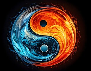 Yin Yang symbol depicted with swirling water and fire elements on a black backdrop, creating a dynamic balance