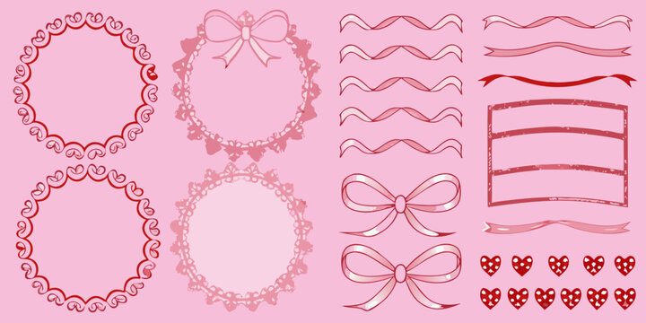 Collection of pink decorative elements bows ribbons frames and hearts