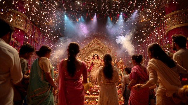 Durga Puja celebration in Kolkata with pandal, prayers, and dance.
