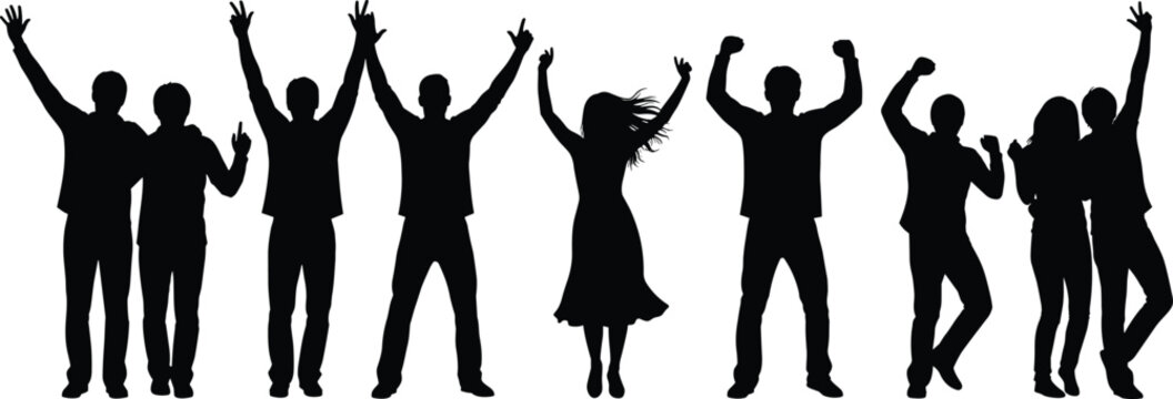 Happy people celebrating silhouette illustration group cheering dancing success party energy black vector design