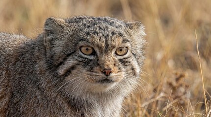 Fototapeta premium Close-up Portrait of a Pallas's Cat (Manul) with Striking Eyes in Natural Habitat