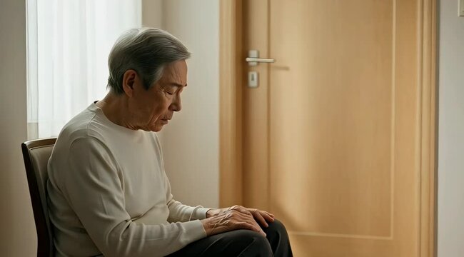 An elderly man sits on a chair indoors looking down
