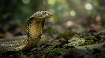 Obraz premium Majestic King Cobra in its natural lush jungle habitat, a powerful and venomous reptile.
