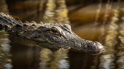 Fototapeta premium Powerful American Alligator Submerged in Dark Swamp Water with Reflective