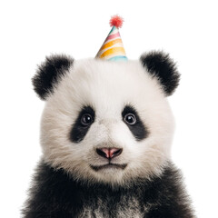 Obraz premium PNG of Adorable panda bear with a colorful birthday hat, exuding a cheerful vibe.
