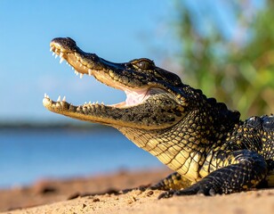 Obraz premium Young alligator basks with open mouth, sand texture, bright sun, blue sky/water background, greenery