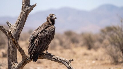 Majestic Dark Vulture Perched on Dead Tree Branch in Arid Savannah Landscape