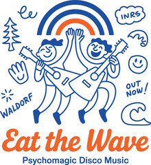 Fototapeta premium Joyful cartoon musicians playing guitars under rainbow for eat the wave psychomagic disco music event
