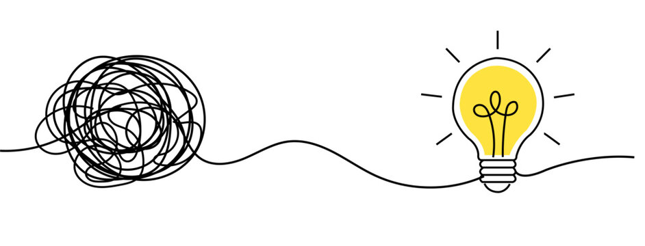 Chaotic messy lines transforming into a lightbulb in continuous one line drawing, simple business concept for project management and simplifying complex processes
