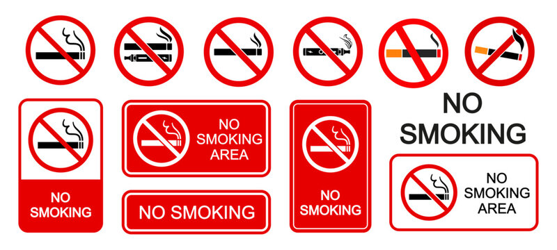 No smoking sign set, smoke symbols and text, tobacco restriction signs for public places, smoking forbidden for indoor areas, cigarette in prohibition circle area