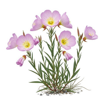 Oenothera speciosa, pale pink flowers, roadside habitat. isolated on transparent background