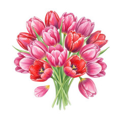 Fototapeta premium A beautiful bouquet of pink and red tulips isolated on transparent background
