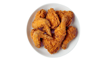Plate of crispy golden fried chicken pieces featuring wings and drumsticks on white dish