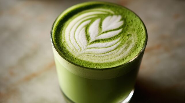 A vibrant matcha latte with intricate white froth art in a clear glass cup