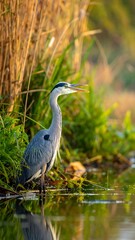 A tall, grey bird stands in shallow water near tall reeds. Its beak is open as it looks into the distance