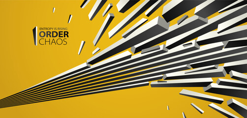 Debris particles exploding in chaos vector abstract background, entropy is rising to decay and disorder, elements flying in motion, 3D wallpaper.