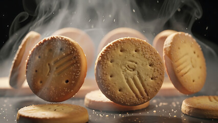 Freshly baked crackers with sugar crystals in steam, studio shot, food photography
