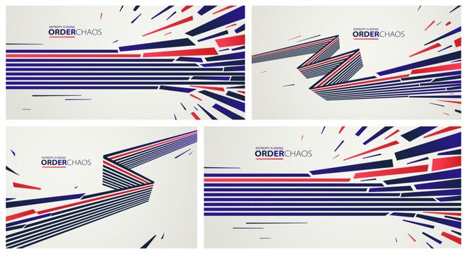 Chaos and order vector concept abstract background with lines explosion to debris in decay set, 3D wallpaper with perspective lines going to chaos of destruction.