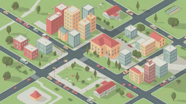 Isometric low-poly urban planning view illustrates a small, dense neighborhood intersection featuring mixed-use buildings, roads, and green spaces.