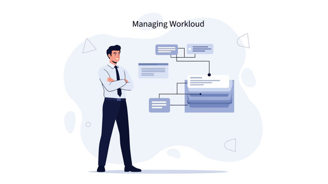 Businessman managing workload with flowchart and organization chart