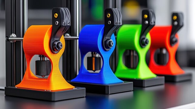 Vibrant 3D Printed Objects in Orange, Blue, Green, and Red