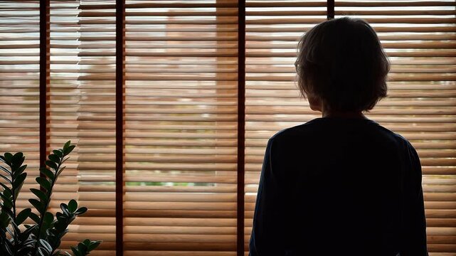 Silhouette of a person looking through window blinds