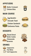 Restaurant Menu Items with Food Illustrations.