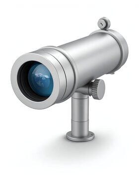 Silver Telescope with Blue Lens on White Background.