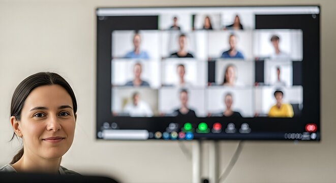 Woman Attending a Virtual Meeting with Multiple Participants.